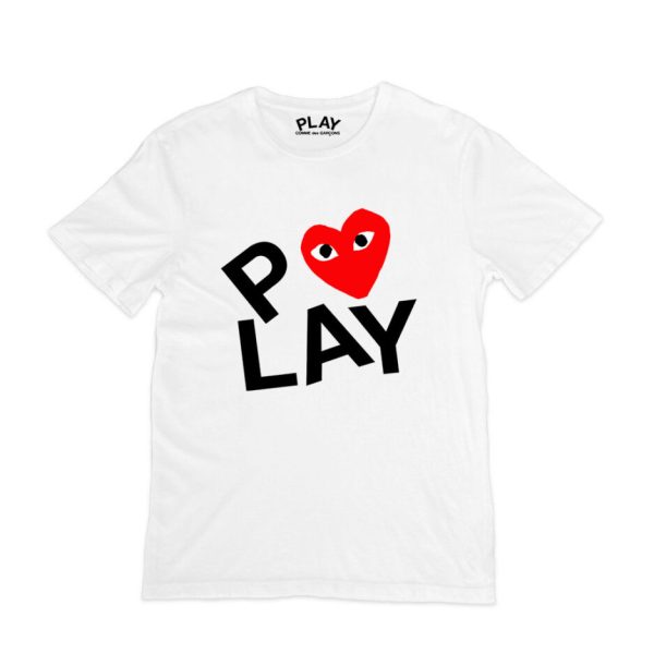 t-shirt cdg blanc à double cœur imprimé sérigraphié